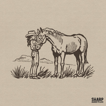 Vintage sketch of a cowgirl petting a horse in the desert for western t-shirt sublimation PNG designs