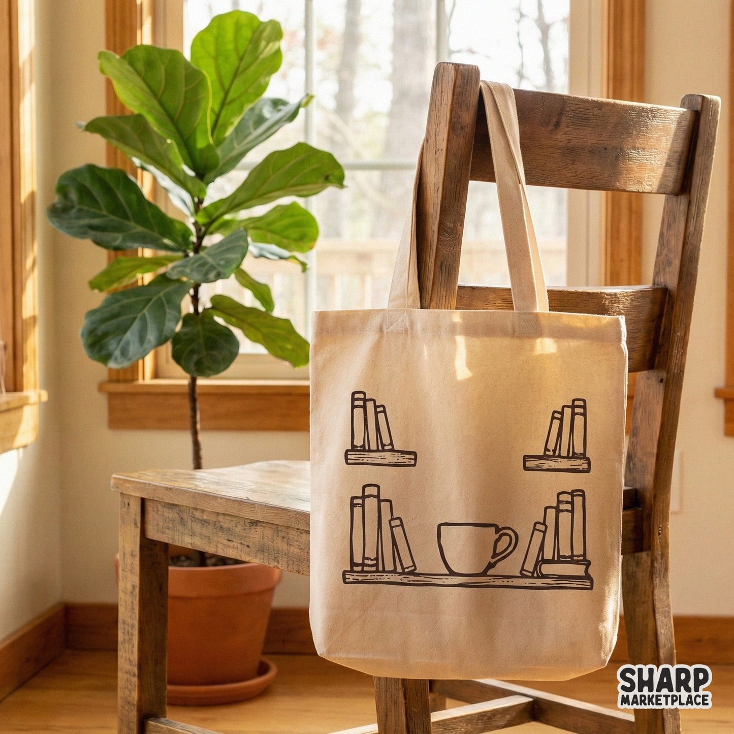 Rustic monochromatic bookshelf graphic featuring classic hardback books and a coffee cup, ideal for custom stickers, tumblers, and wall art.