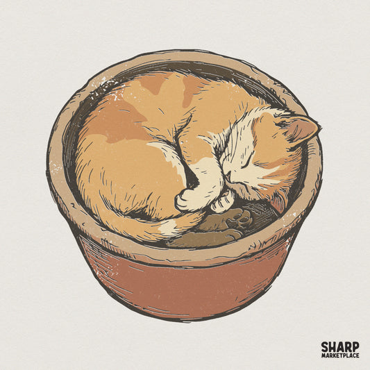 Sleeping Cat In Flower Pot PNG, Cute Cat Digital Download - 300 DPI