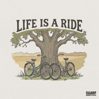 Vintage style digital design featuring two bicycles leaning against a large oak tree with the inspirational text Life Is A Ride in arched lettering.