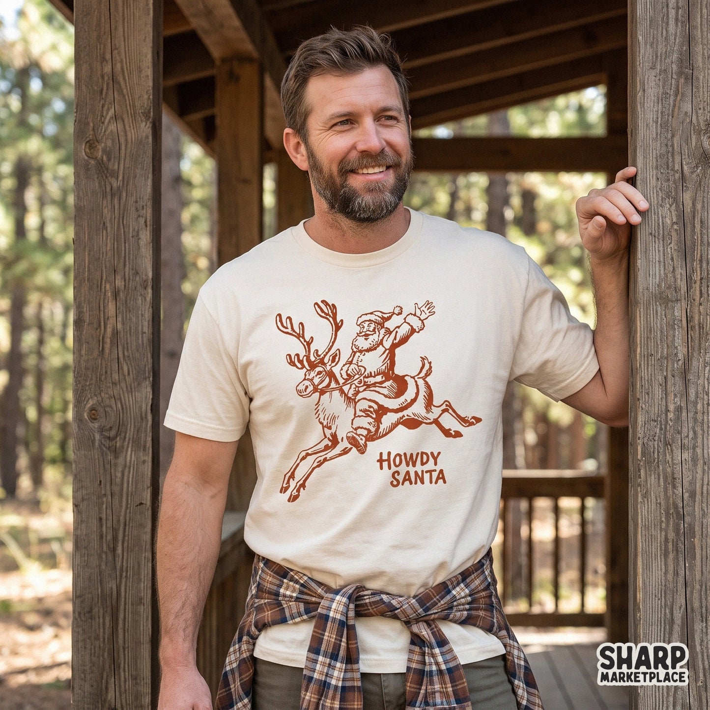 Howdy Santa vintage Christmas graphic in a retro western style for holiday sublimation t-shirt designs