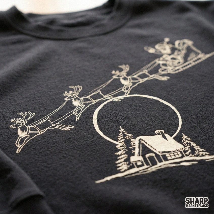 Vintage Midnight Sleigh Flight Scene Across Glowing Full
