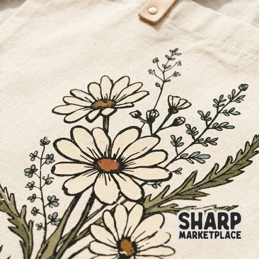 Close-up of a botanical daisy bouquet design printed on a canvas tote bag, showcasing delicate line art and a muted, earthy color palette.