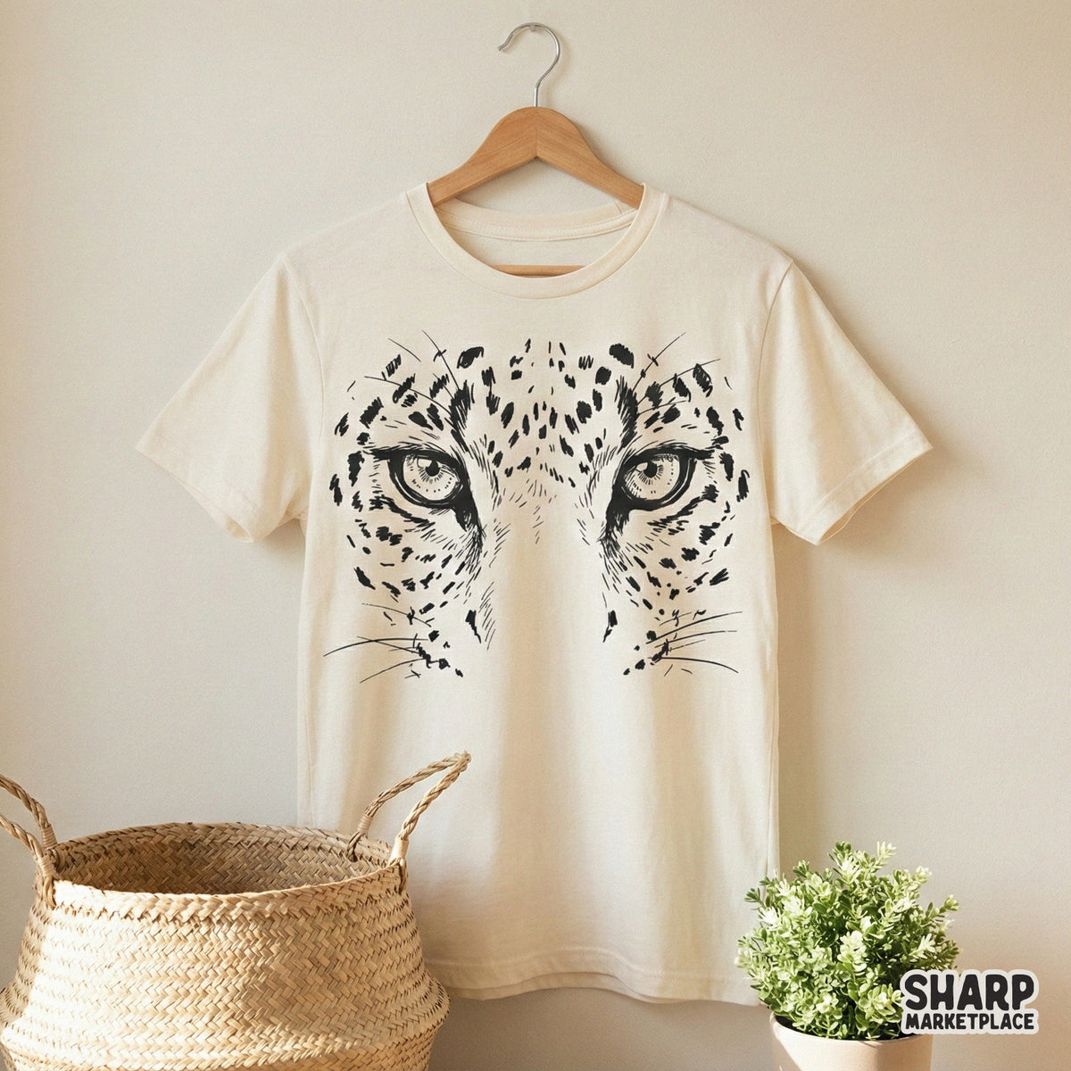 Detailed digital illustration of a leopard face featuring piercing eyes and intricate spot patterns, ideal for sublimation or custom t-shirt graphics.