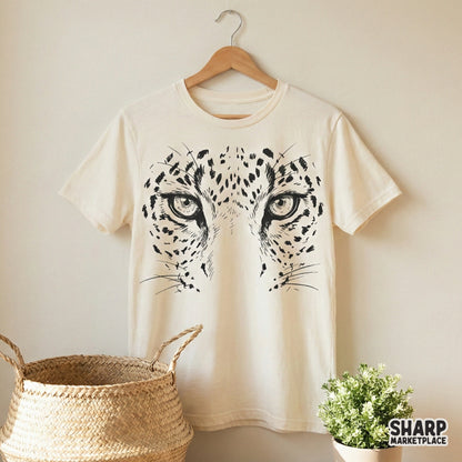 Detailed digital illustration of a leopard face featuring piercing eyes and intricate spot patterns, ideal for sublimation or custom t-shirt graphics.