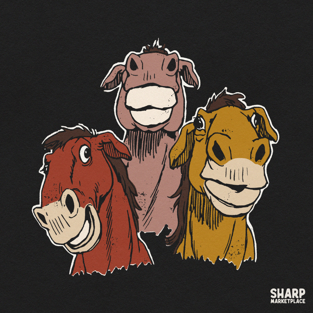 Three silly grinning farm donkeys western PNG illustration for tumbler graphics and funny shirt sublimation