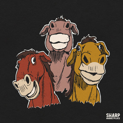 Three silly grinning farm donkeys western PNG illustration for tumbler graphics and funny shirt sublimation