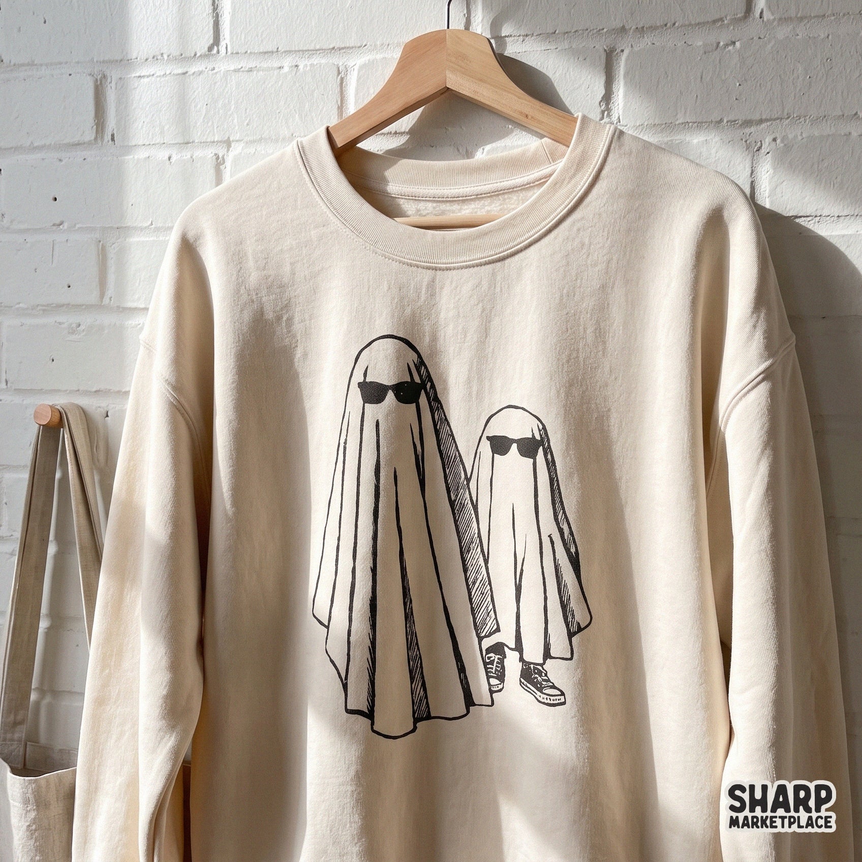 Retro Halloween funny ghost wearing cool shades illustration for spooky season sublimation shirts and digital downloads