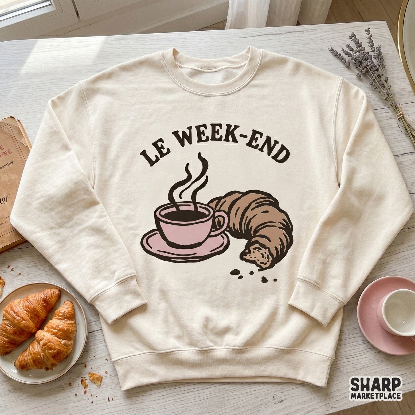 Retro Le Week-End coffee and croissant PNG graphic for trendy Parisian Sunday brunch and aesthetic cafe lover shirts