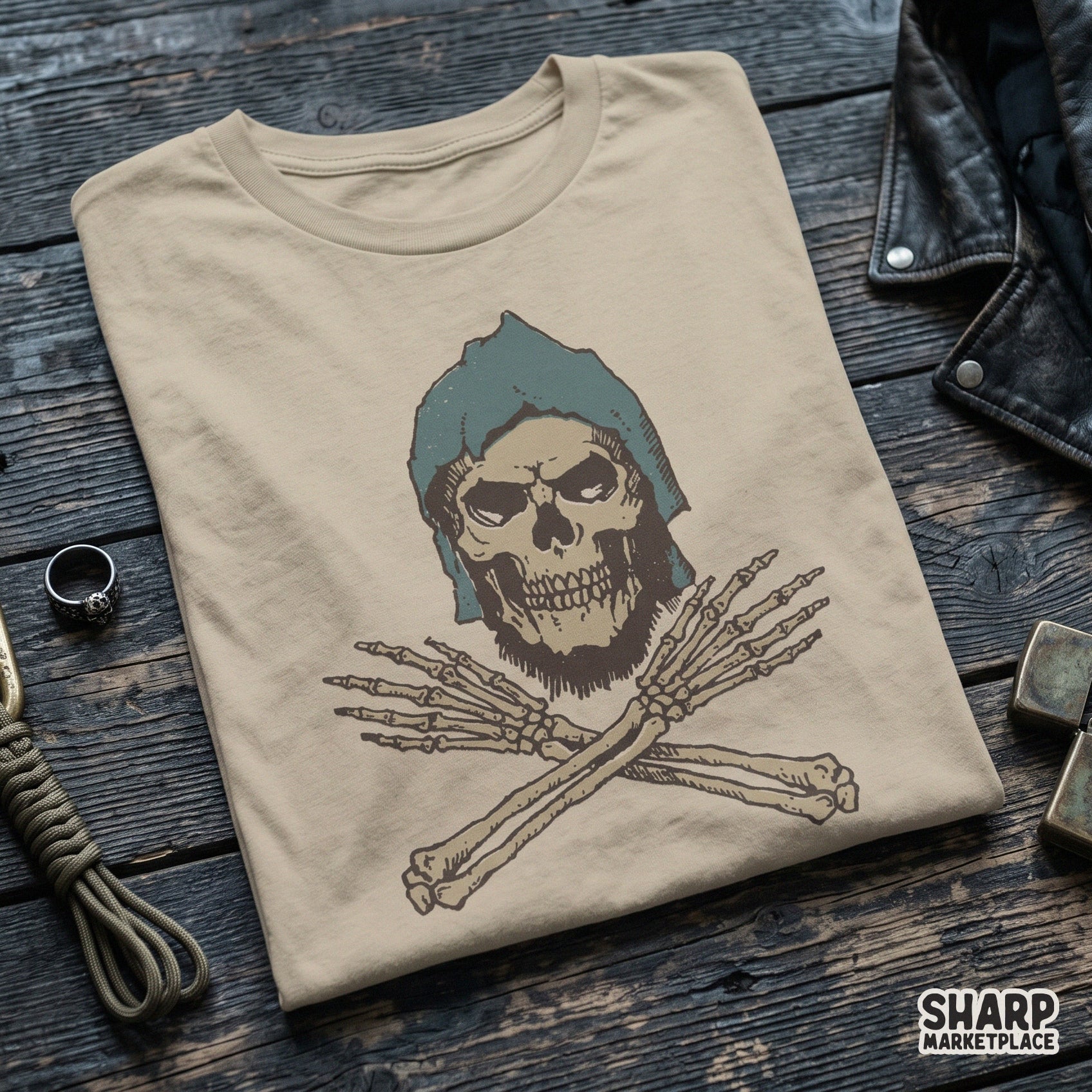 Edgy grim reaper skull with a blue hood and crossed bones in a retro gothic horror style for streetwear sublimation designs