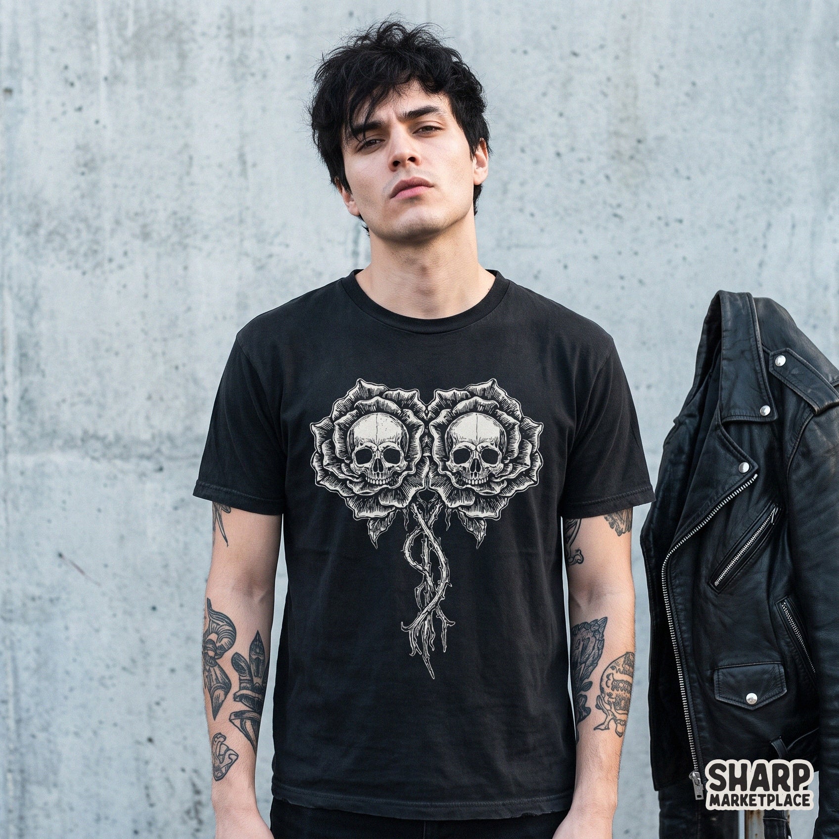 Gothic twin skulls in blooming rose flowers illustration for dark tattoo art and shirt png sublimations