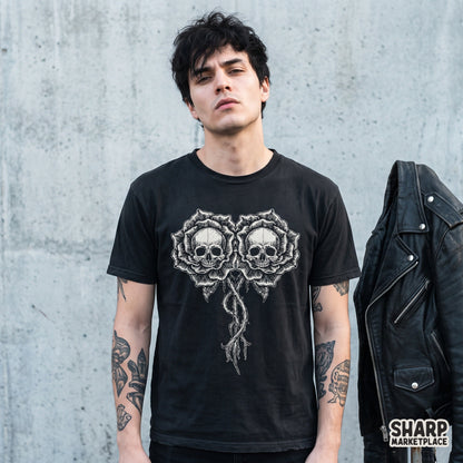 Gothic twin skulls in blooming rose flowers illustration for dark tattoo art and shirt png sublimations