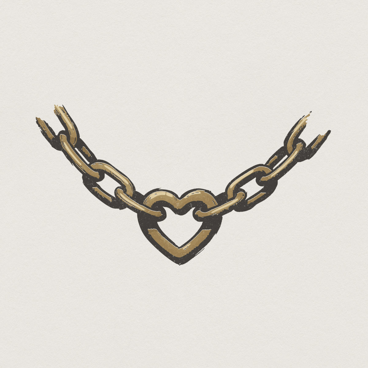 Tattoo style gold heart chain necklace illustration with distressed hand-drawn outlines, perfect for sublimation, apparel, or jewelry-themed stickers.