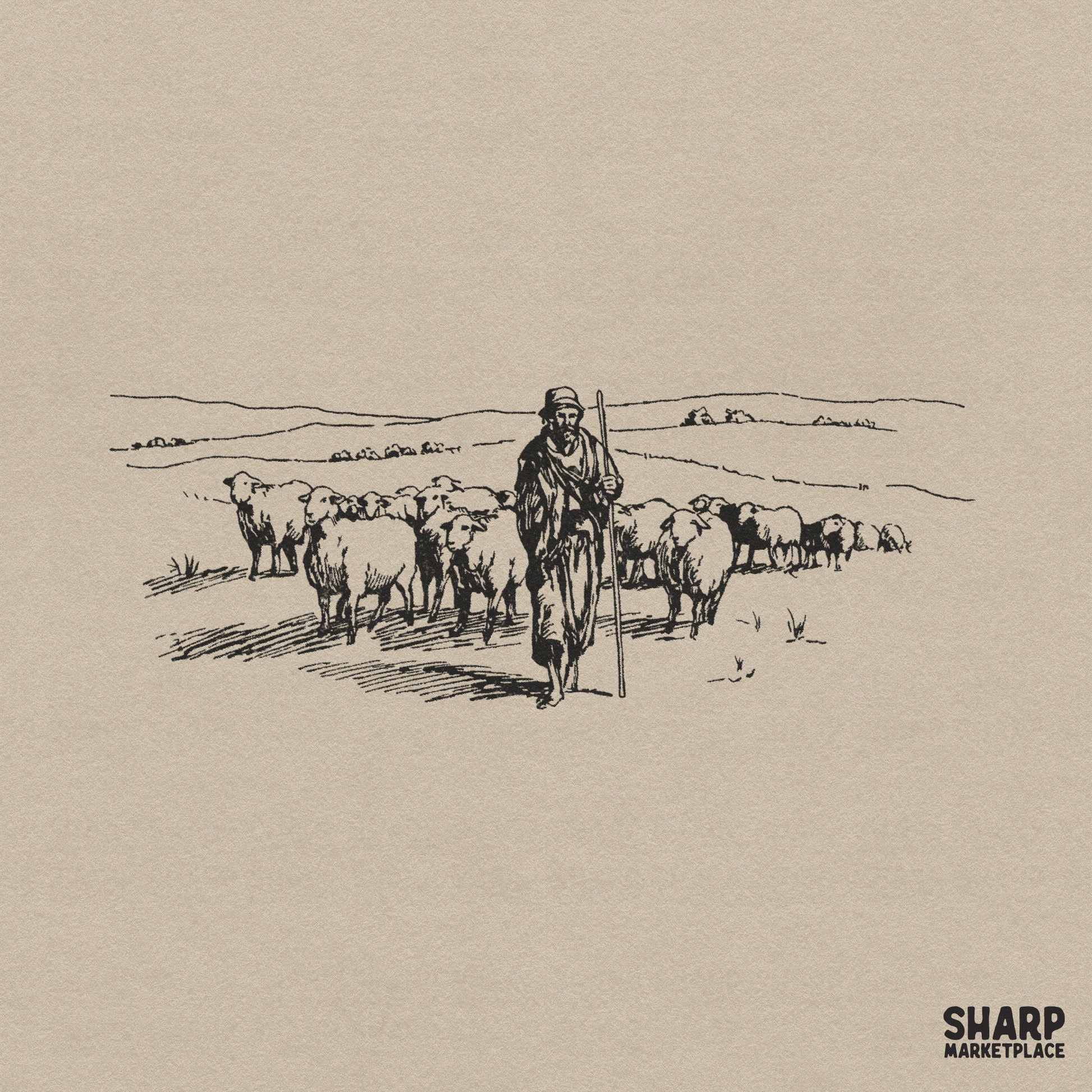 Vintage shepherd with flock of sheep sketch PNG for religious sublimation shirts and Christian faith-based crafts