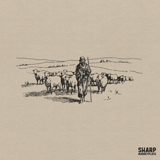 Vintage shepherd with flock of sheep sketch PNG for religious sublimation shirts and Christian faith-based crafts