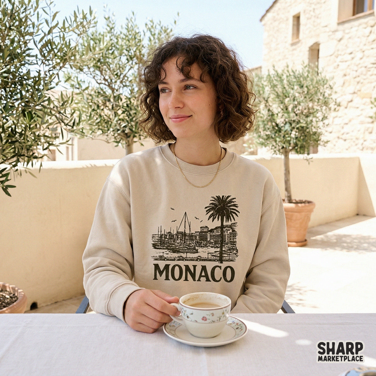 Detailed hand-drawn harbor skyline design with a palm tree and yacht marina, perfect for trendy summer t-shirts or coastal wall art prints.