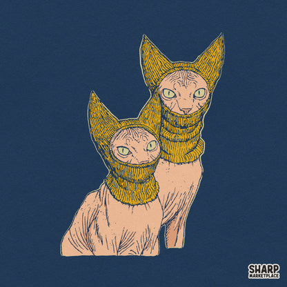 Two Sphynx Cats Wearing Knit Balaclavas, Funny PNG Winter