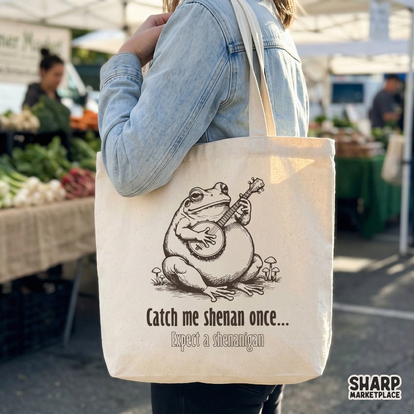 Sarcastic banjo frog and mushroom design with Catch Me Shenan Once text for trendy cottagecore stickers and apparel PNG