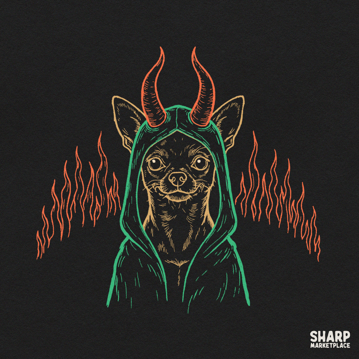 Spicy Devil Horns Chihuahua in Hood, Halloween Funny PNG