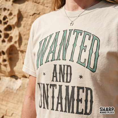 Distressed western digital graphic with Wanted and Untamed text, perfect for creating custom cowgirl shirts, sublimation transfers, and rustic stickers.