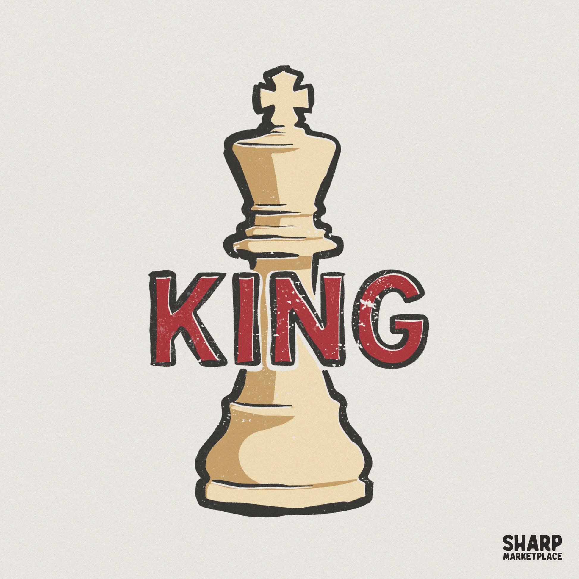Vintage style chess king illustration with a distressed cream piece and bold red KING text, perfect for sublimation and apparel printing.