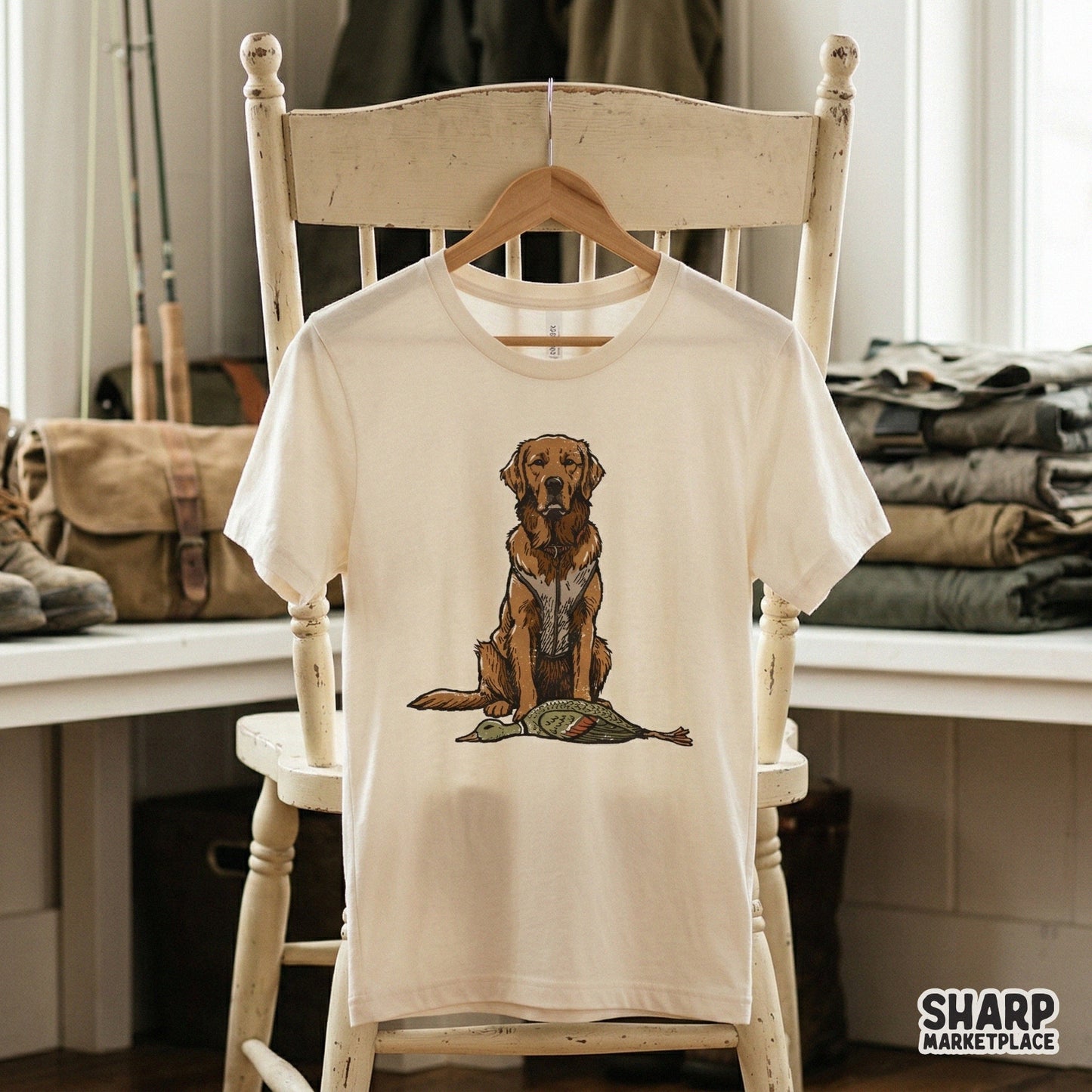 Rugged western style retriever portrait with a mallard, provided as a high resolution digital file for DIY hunting season shirts and craft projects.