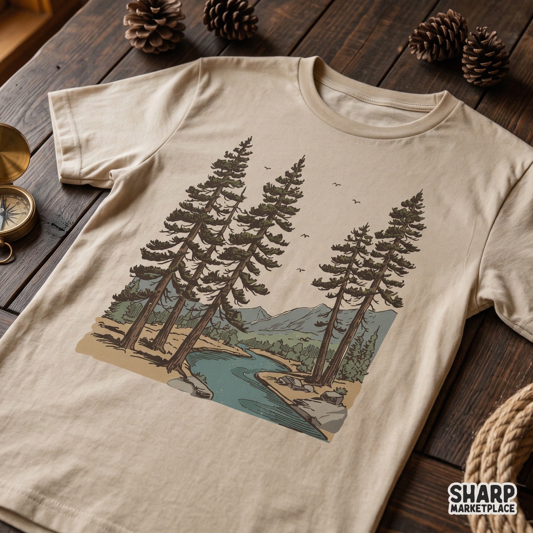 Vintage pine trees by a river mountain landscape retro sublimation design for nature lover shirts and apparel