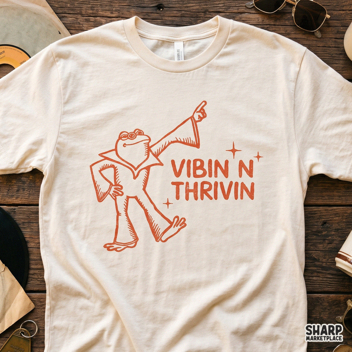 Retro 70s funky disco frog dancer with Vibin N Thrivin quote for trendy sublimation shirt designs