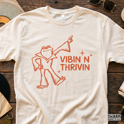 Retro 70s funky disco frog dancer with Vibin N Thrivin quote for trendy sublimation shirt designs