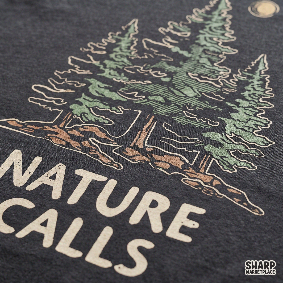 Retro pine trees and moon nature calls png design for fall camping shirts and outdoor hike apparel