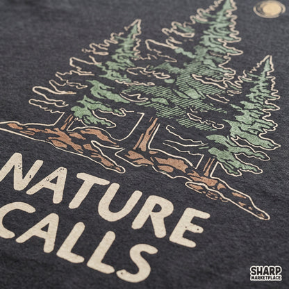 Retro pine trees and moon nature calls png design for fall camping shirts and outdoor hike apparel