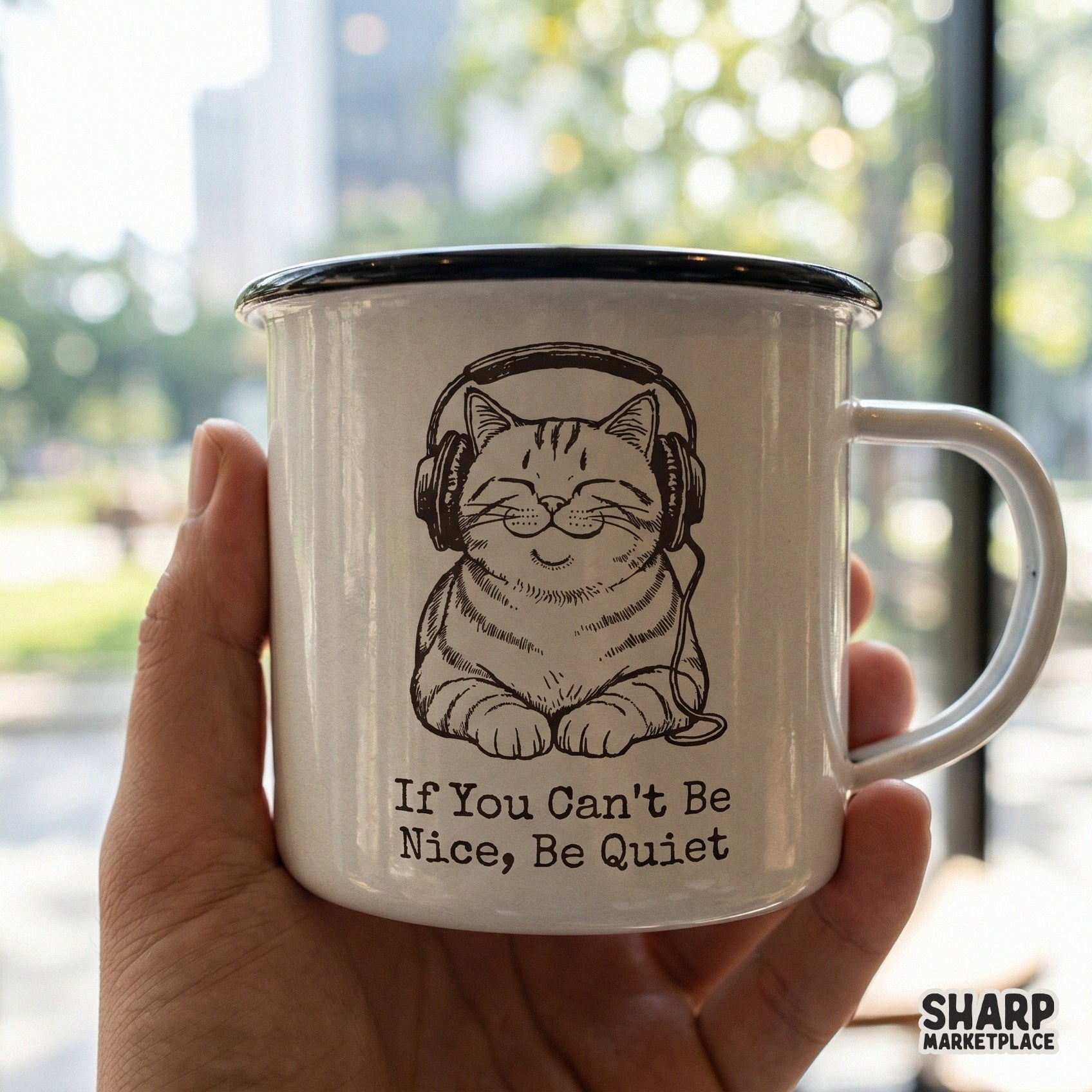 Sarcastic feline design with a smiling cat in headphones and the text If You Can't Be Nice, Be Quiet, ideal for trendy DIY print projects.