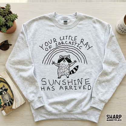 Cute raccoon character under a rainbow with funny sarcastic sunshine text for creating custom tumblers, stickers, and apparel designs.
