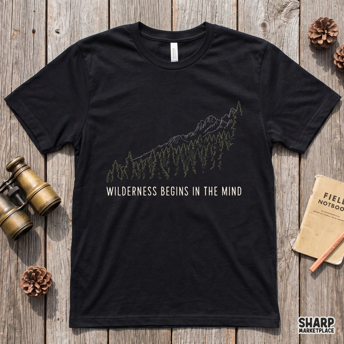 Wilderness Begins In The Mind retro hiking nature PNG design for t-shirts, camping apparel, and sublimation prints