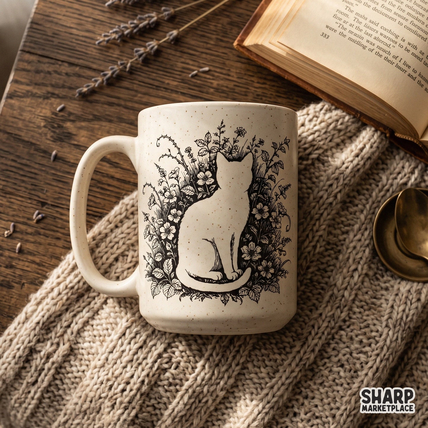 Botanical wildflower cat silhouette sketch retro dtf png for cottagecore t-shirts and sublimation