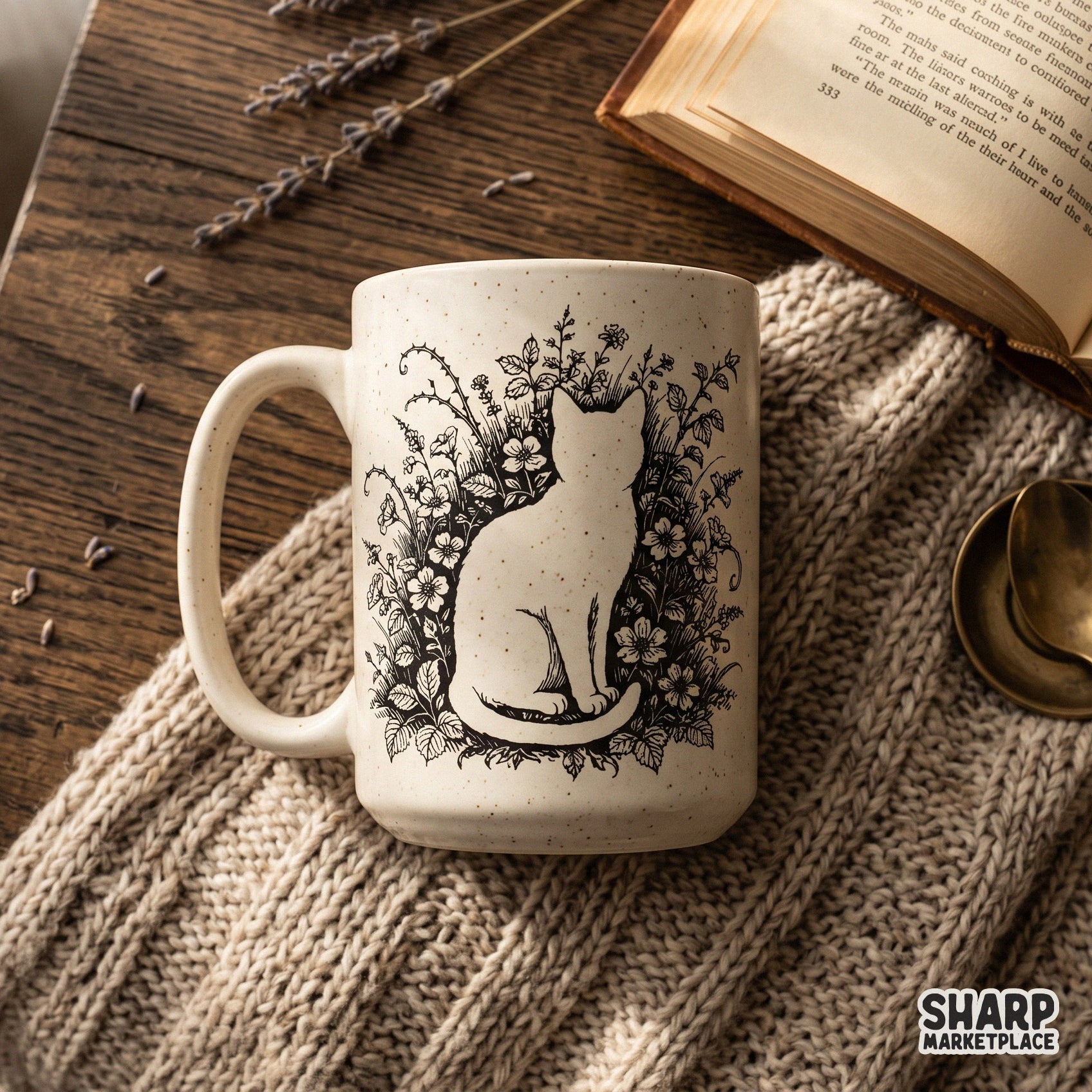 Botanical wildflower cat silhouette sketch retro dtf png for cottagecore t-shirts and sublimation