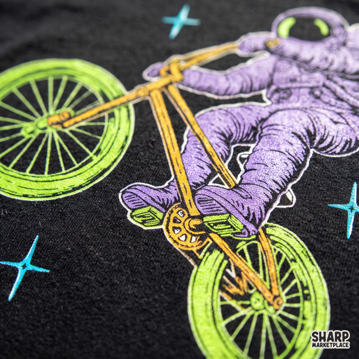 Retro neon astronaut riding a chopper bicycle in outer space for cosmic streetwear t-shirt sublimation PNG design