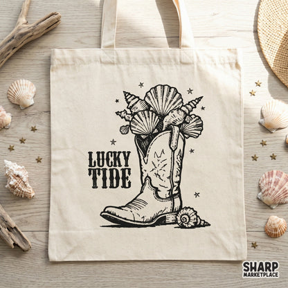 Rustic western boot filled with intricate seashells and nautical stars, a versatile digital file for summer shirts and seaside craft projects.
