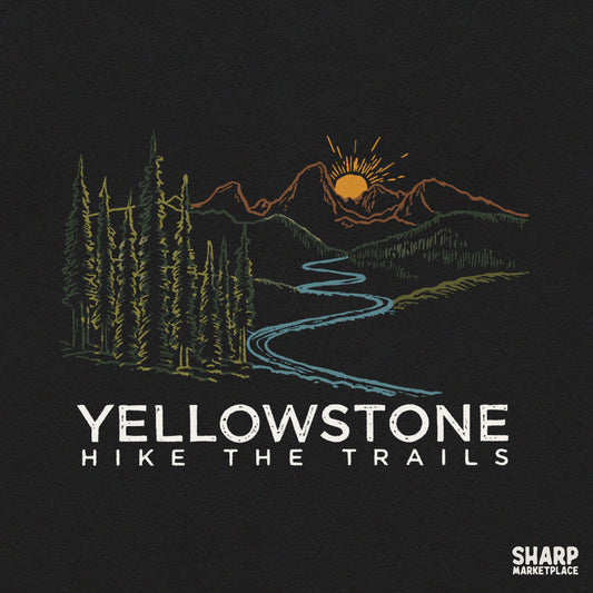 Vintage Yellowstone hike the trails graphic featuring a mountain river, pine trees, and sun rays for retro t-shirt designs