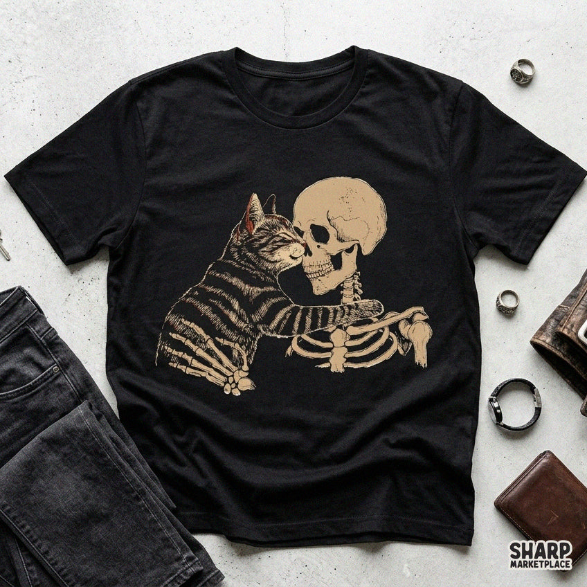 Tabby Cat Hugging Human Skeleton Ribcage, Popular Trending