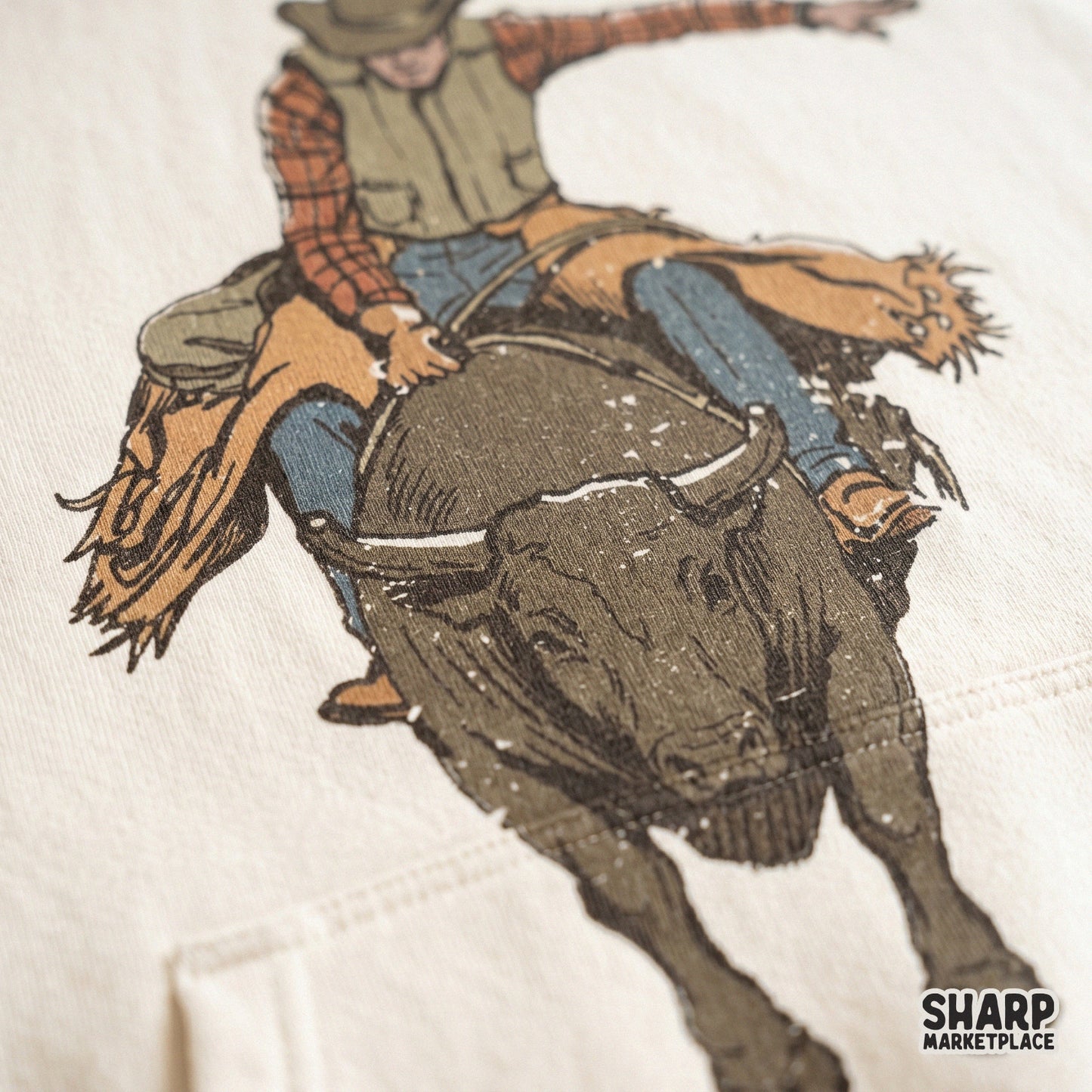 Digital western art featuring a cowboy riding a bull, designed with a vintage aesthetic for use on custom t-shirts, tumblers, and rodeo posters.