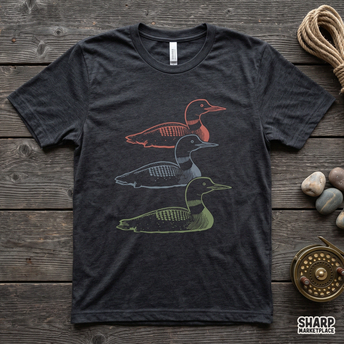 Three vintage loons water bird illustration for retro lake life t-shirts and hunting graphic design png