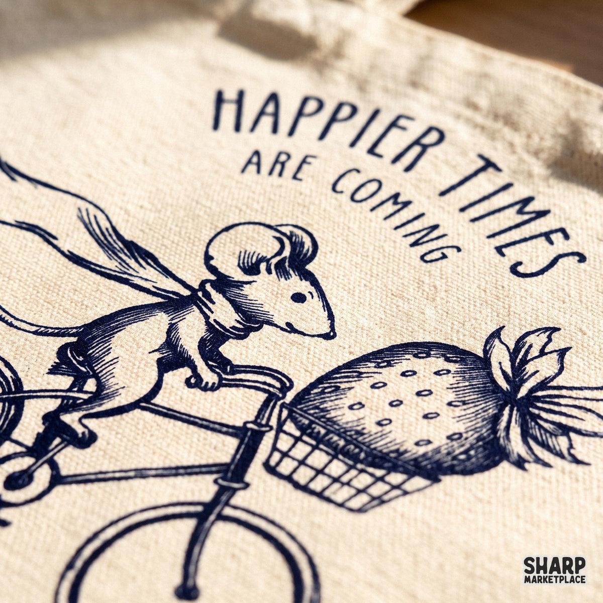 Happier Times Are Coming Mouse Riding Bicycle Strawberry