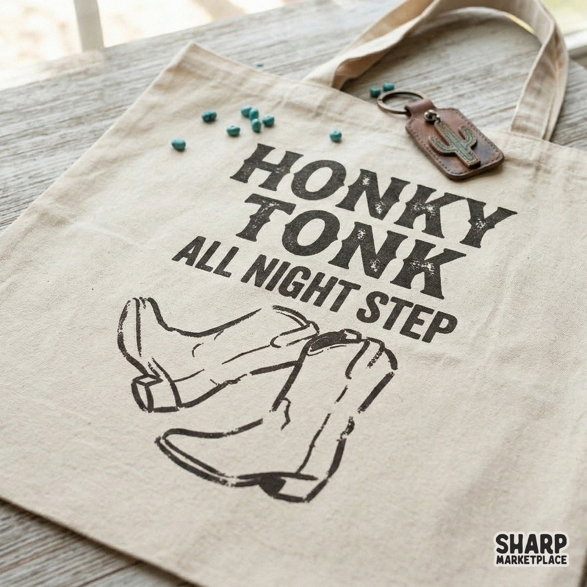 Digital sublimation design of hand-drawn cowboy boots with vintage typography, shown printed on a canvas tote bag for a country western aesthetic.