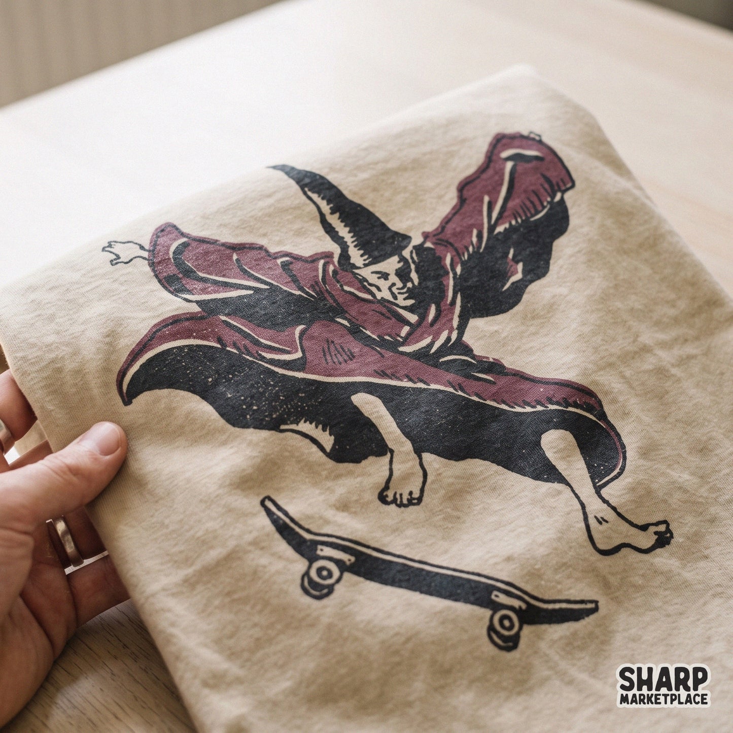 Retro skating wizard performing a kickflip in a vintage illustration style for funny sublimation shirts and stickers
