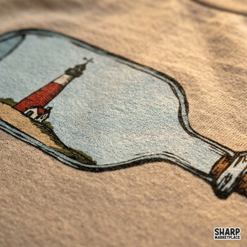 Vintage lighthouse in a glass bottle on a sandy dune, coastal beach png sublimation graphic for tumblers and shirts