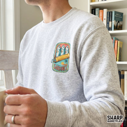 Vintage style canned fish design with a distressed serif font, ideal for seafood apparel, beach vacation t-shirts, or custom summer tumbler projects.