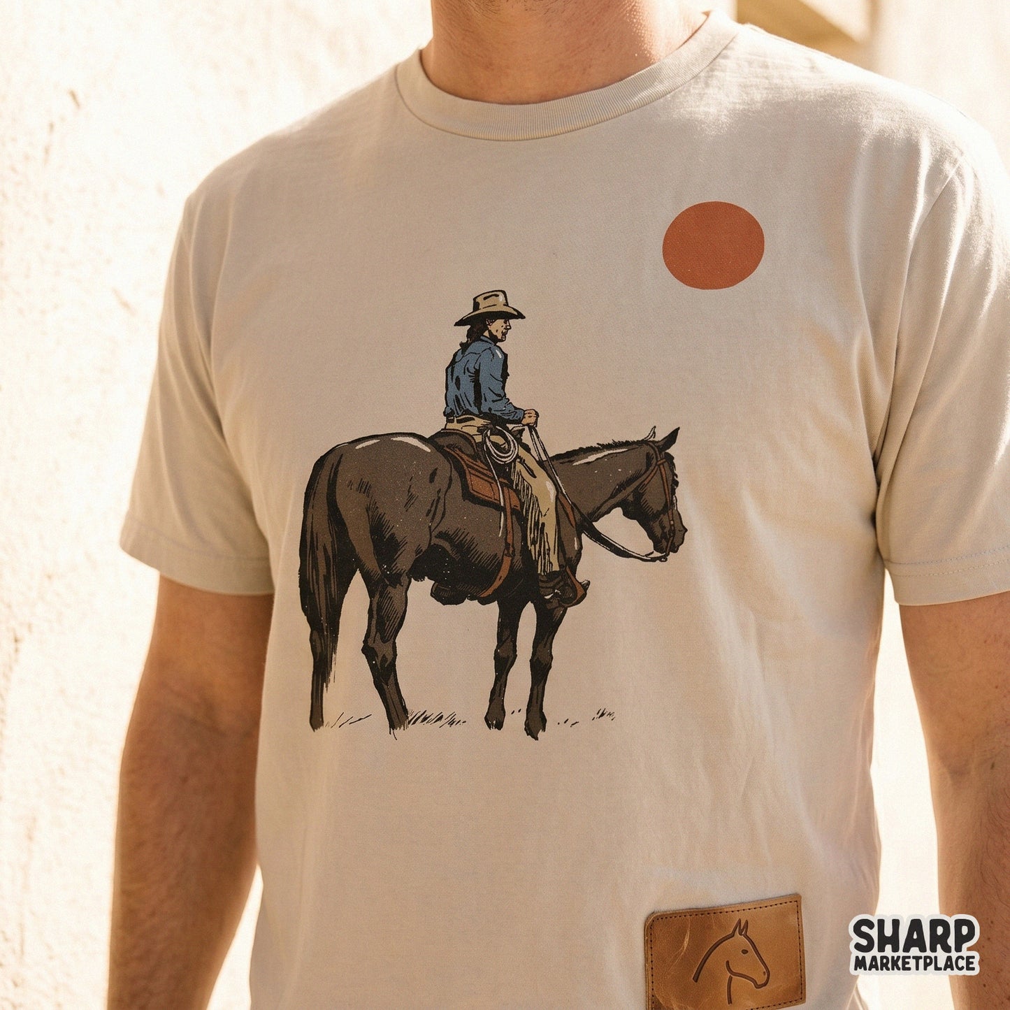 Vintage cowboy silhouette on horseback in the desert retro western png shirt design