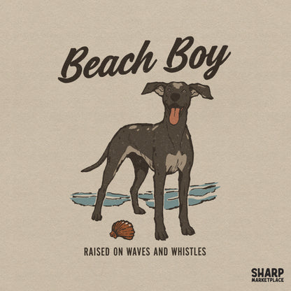 Retro surf dog illustration with the text Beach Boy and Raised On Waves And Whistles in muted brown and blue tones for summer apparel.