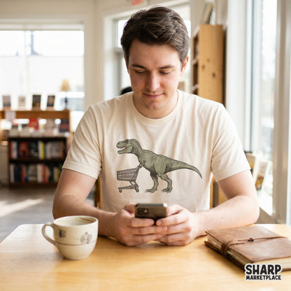 Funny retro T-Rex pushing a shopping cart for a sarcastic shirt design animal meme PNG